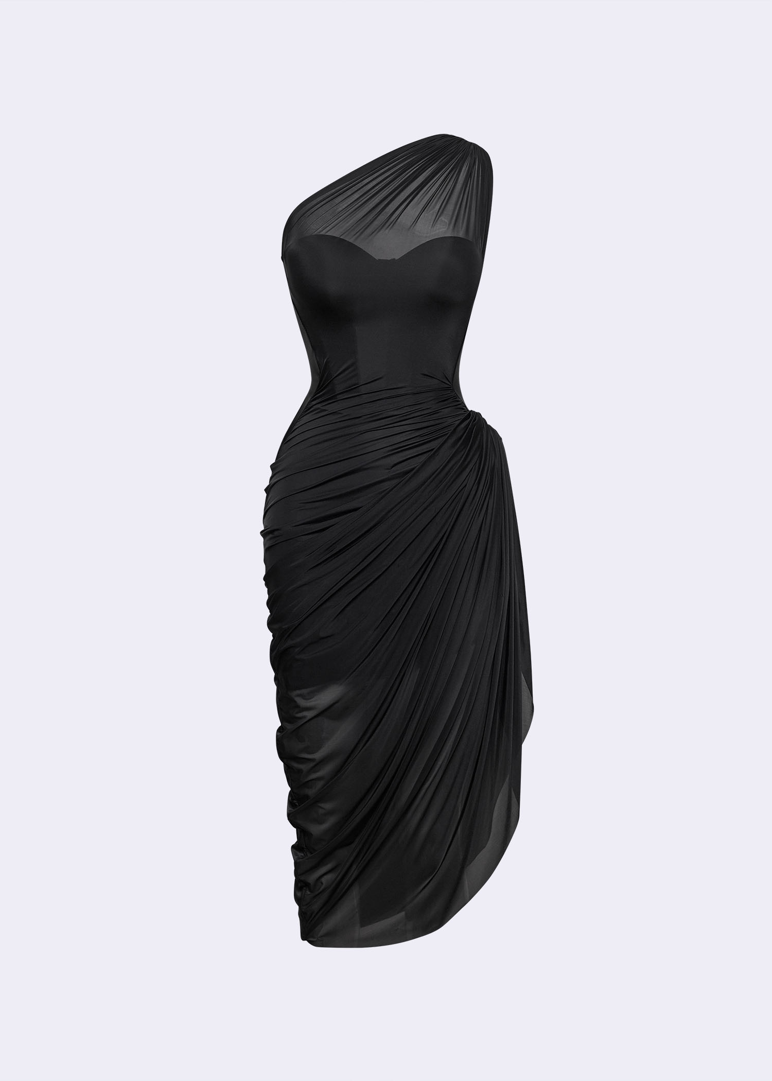 Black Draped Asymmetric One-Shoulder Bustier Dress - POEM