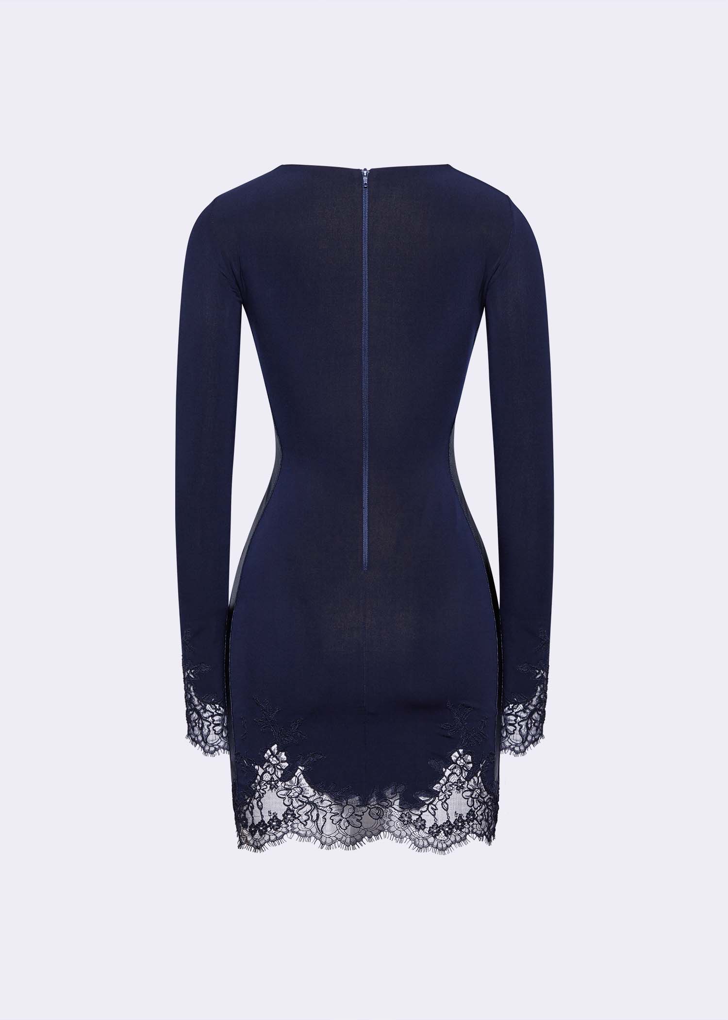 Navy Jersey Odysseia Mini Dress with Floral Dentelle Lace - POEM Navy Jersey Odysseia Mini Dress with Floral Dentelle Lace - POEM