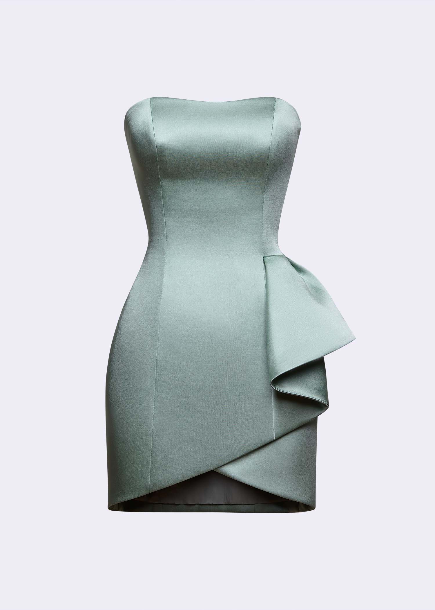 Mint Green Strapless Mini Dress with Sculptural Side Ruffle